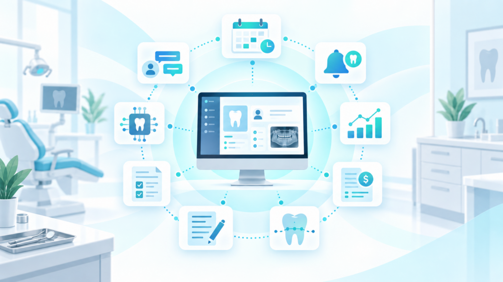 Dental software stack showing scheduling recall analytics AI communication billing and clinical tools