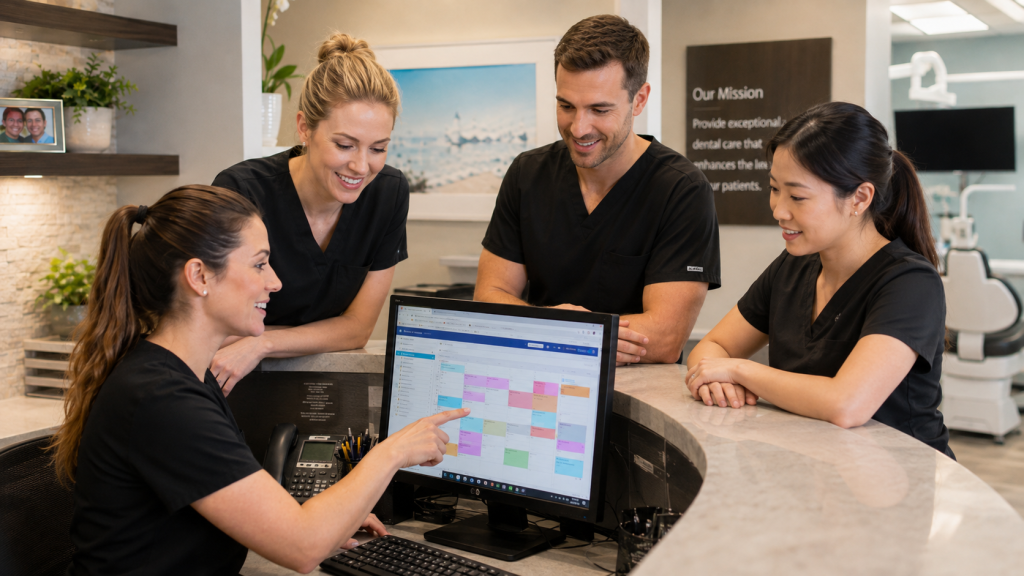Dental practice management software showing scheduling clinical charting and practice analytics